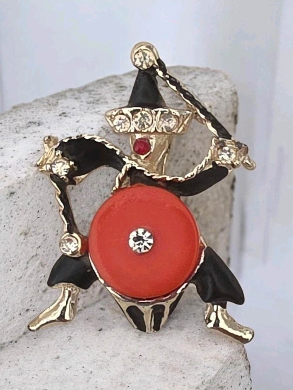 Vintage Jester Clown Drummer Brooch Red Cabochon Black Enamel Rhinestone Figural